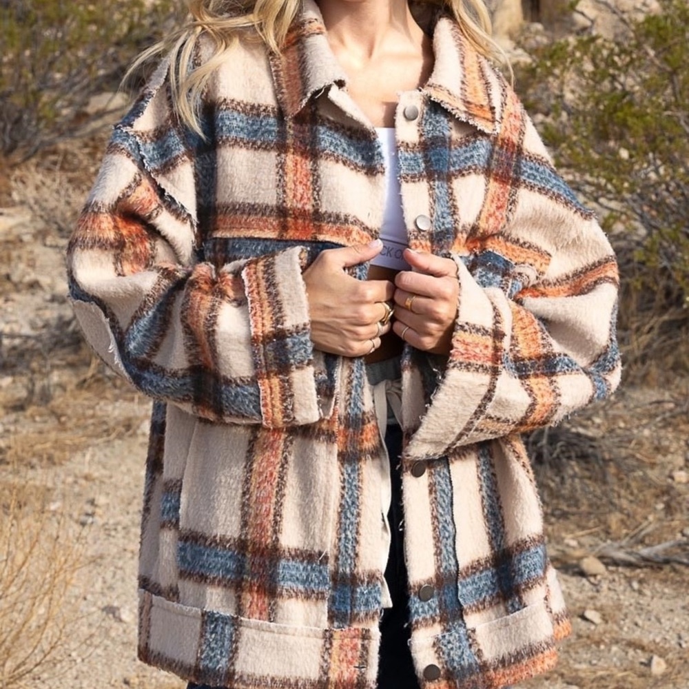 POL Plaid Shacket - Blue & Rust Orange